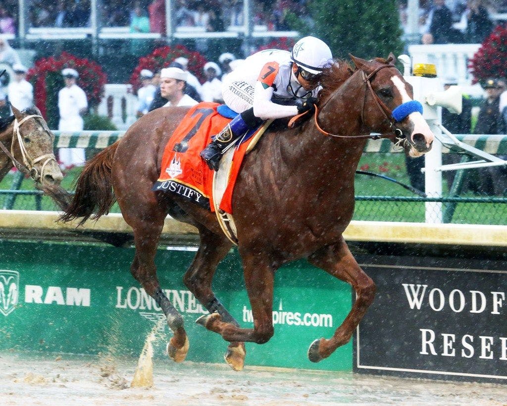 Justify on inside for Triple try at Belmont