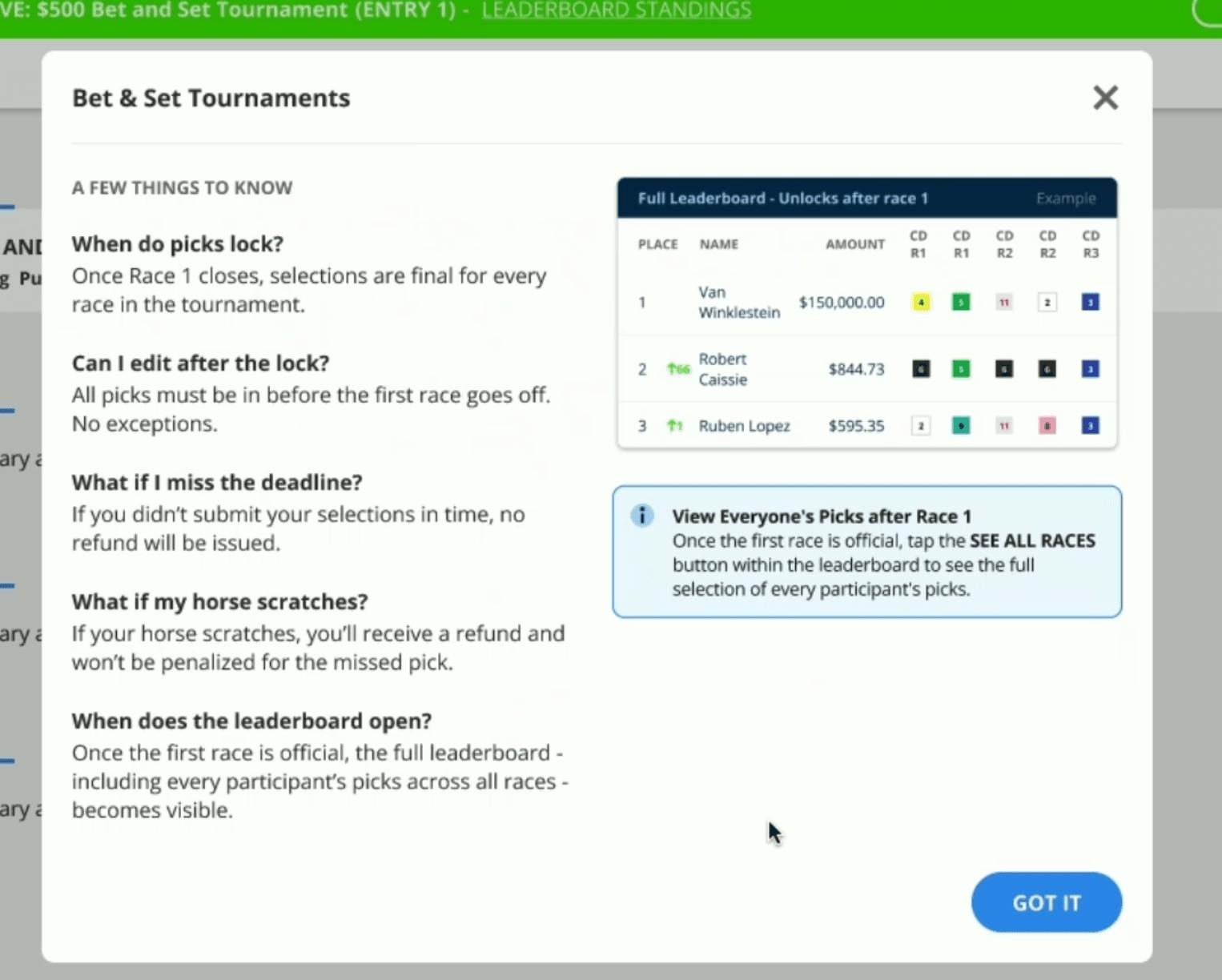 Bet and Set tournament FAQ examples