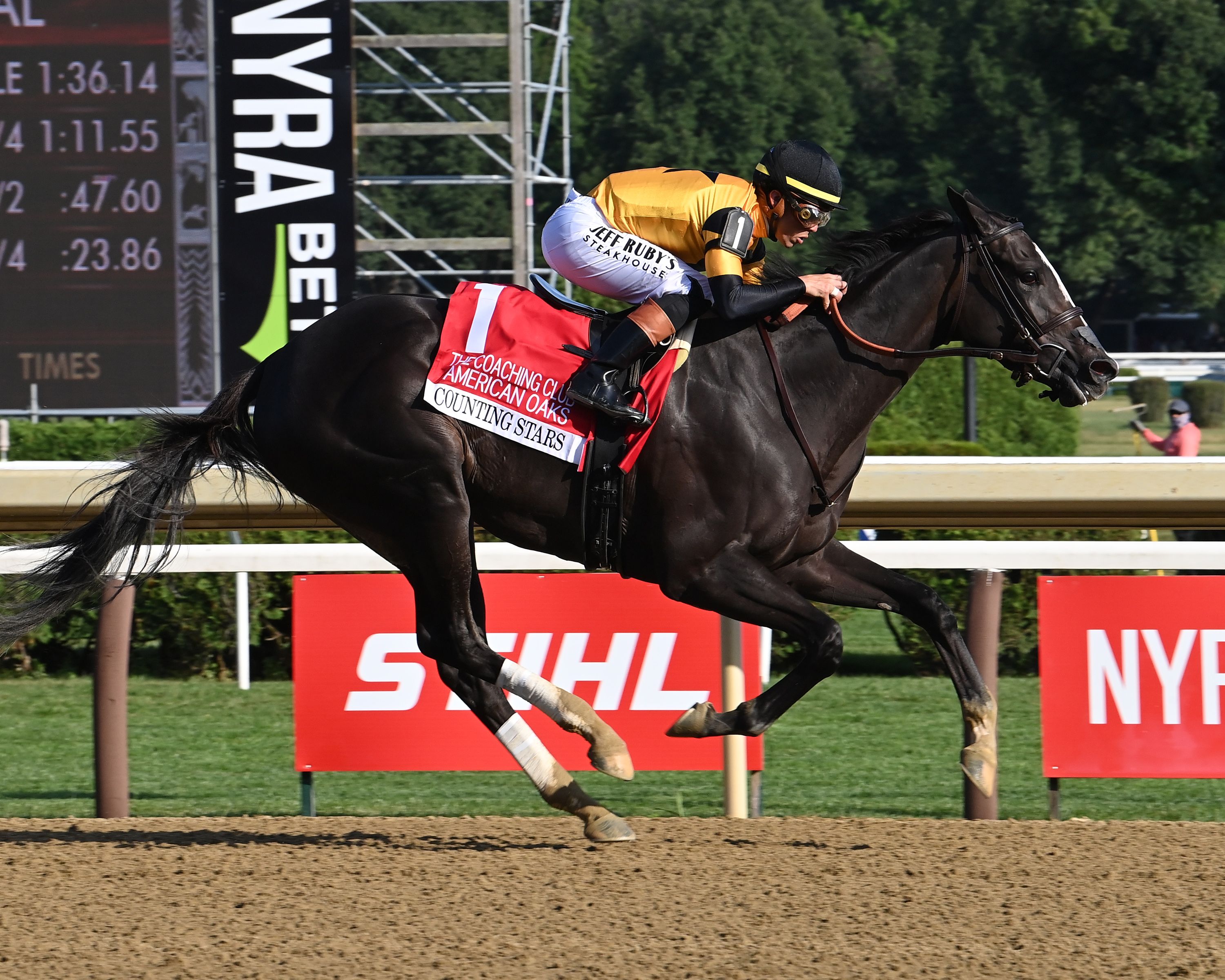 Counting Stars wins the Coaching Club American Oaks at Saratoga.
