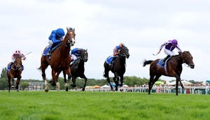 Delacroix (far right) gets up to deny Ombudsman (blue on left) in the Eclipse (G1) at Sandown (Photo by focusonracing.com)