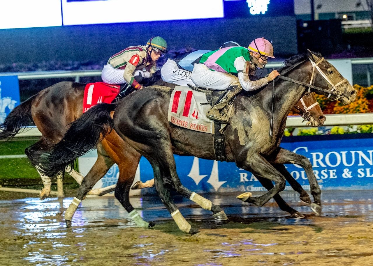 Disco Time winning the Lecomte S. (G3) at Fair Grounds. (Photo by Hodges Photography)