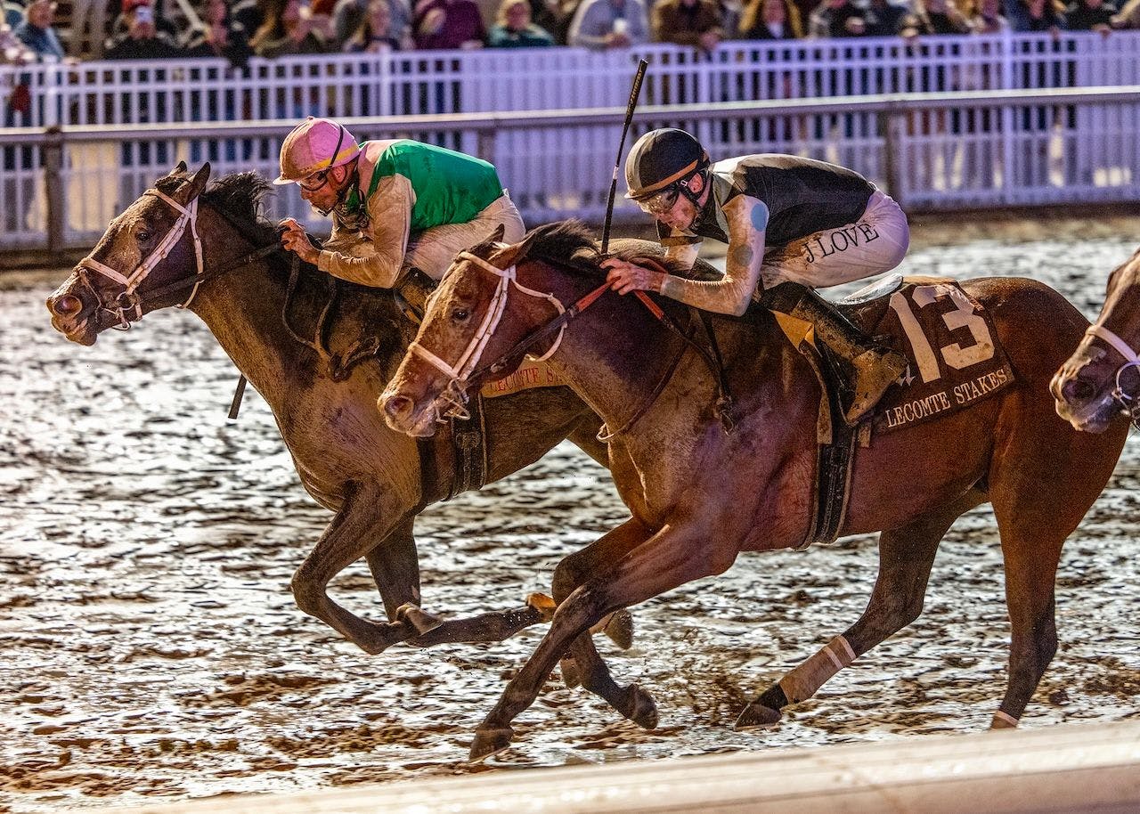 Disco Time winning the Lecomte (G3) at Fair Grounds. (Photo by Hodges Photography/Amanda Hodges Weir)