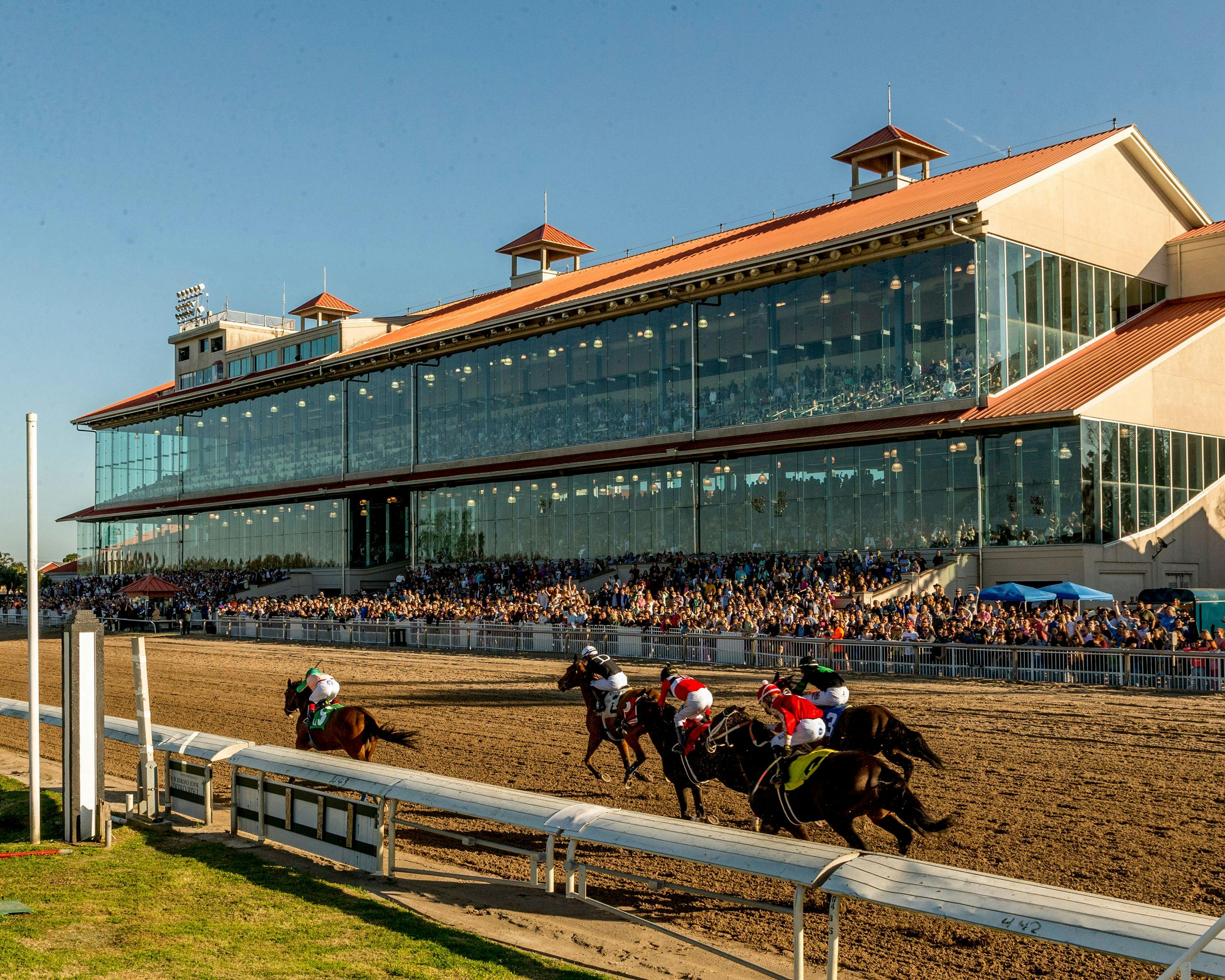 Fair Grounds racetrack grandstand racing scene.