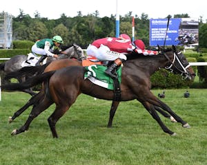 Fionn wins the Belmont Oaks 2025 at Saratoga (Photo by Cogliaense Photos)