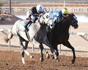 Getaway Car (inside) winning the Sunland Park Derby at Sunland Park (Photo by Coady Media)