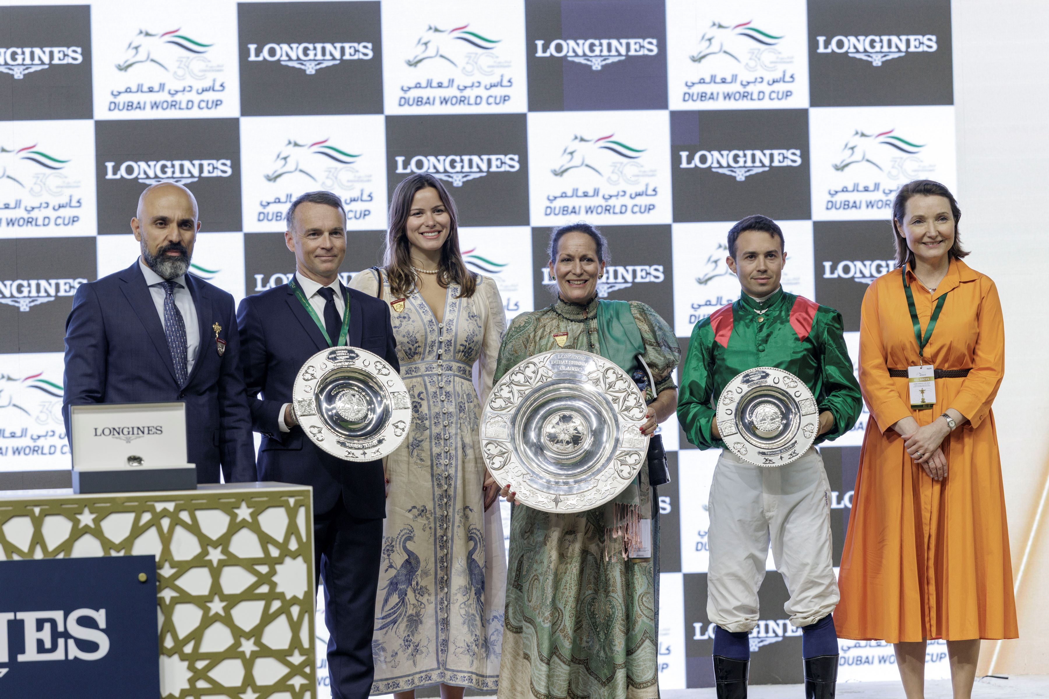 Trophy presentation after Calandagan's victory in the 2026 Dubai Sheema Classic (G1)