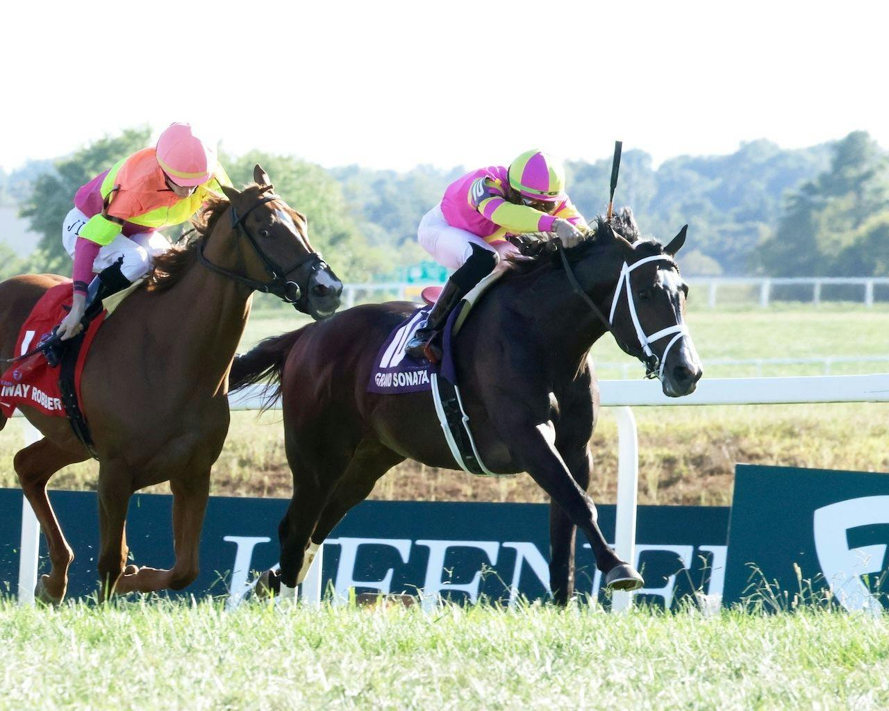 Grand Sonata wins the Kentucky Turf Cup at Kentucky Downs.
