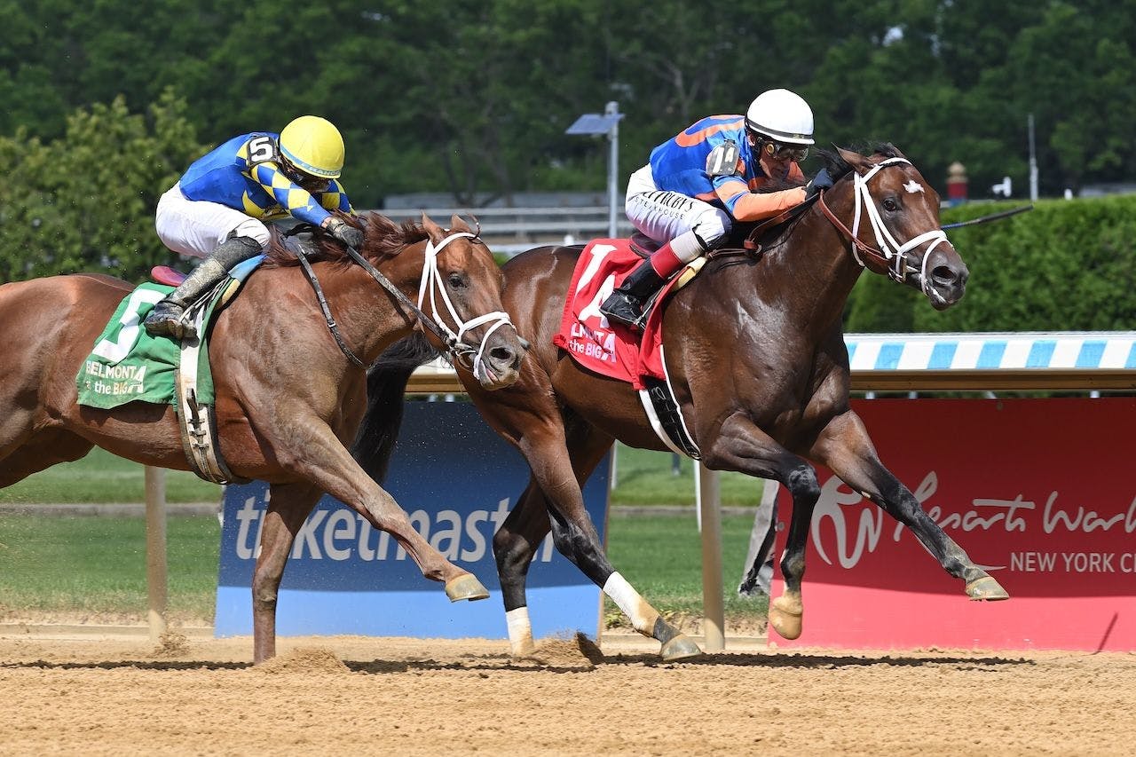 Mentee wins a close race to Colloquial at Belmont At the Big A. 