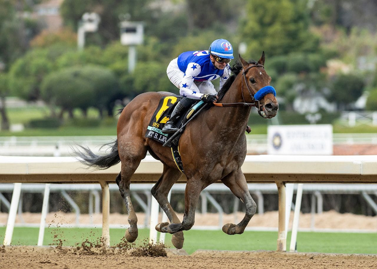 Nysos winning the Robert B. Lewis (G3) at Santa Anita (Photo by Benoit Photo)