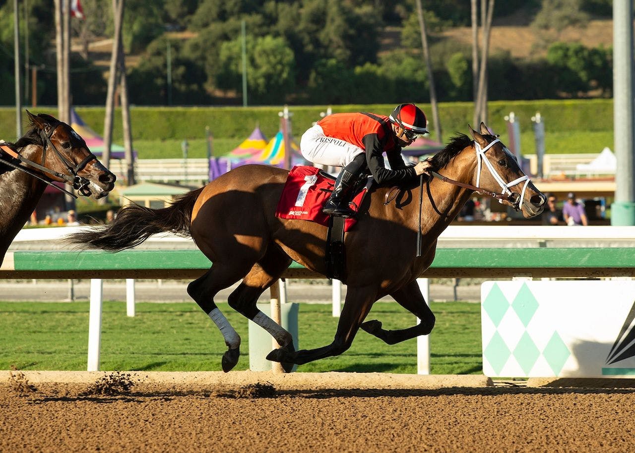 Sandy Bottom wins the Anoakia Stakes at Santa Anita Park.