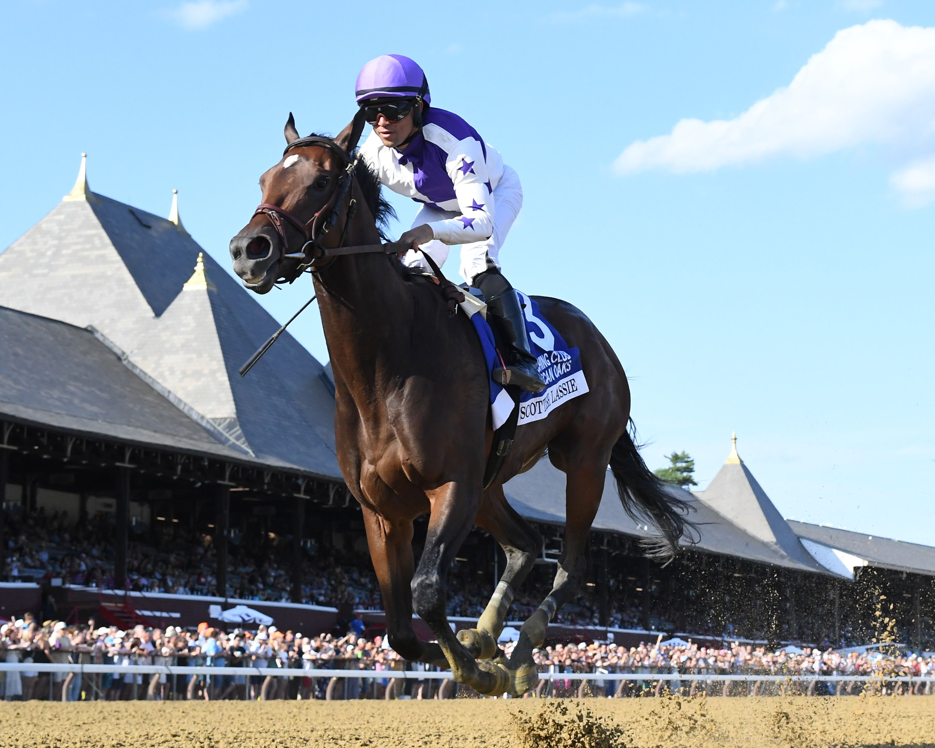 Scottish Lassie wins the Coaching Club American Oaks at Saratoga.
