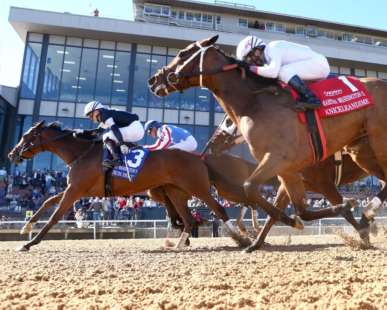 Search Party wins the Martha Washington Stakes at Oaklawn Park.
