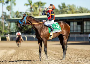 So Happy wins the Santa Anita Derby at Santa Anita.