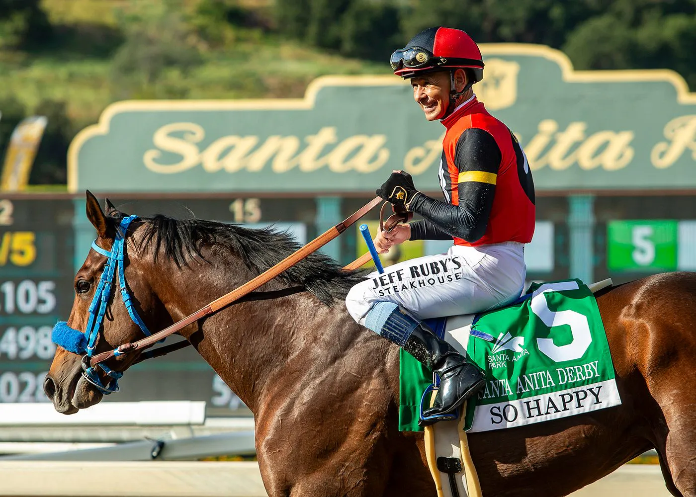 So Happy wins the Santa Anita Derby at Santa Anita.