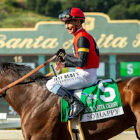So Happy wins the Santa Anita Derby at Santa Anita.