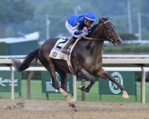 Sovereignty wins the 2025 Belmont Stakes at Saratoga.