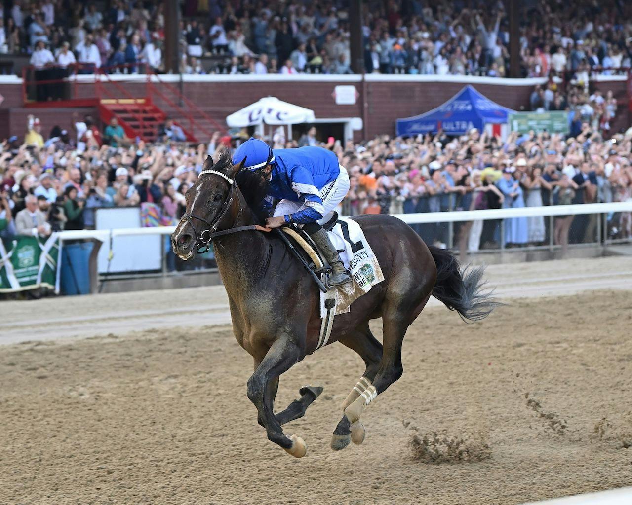 Sovereignty wins the 2025 Belmont Stakes at Saratoga.