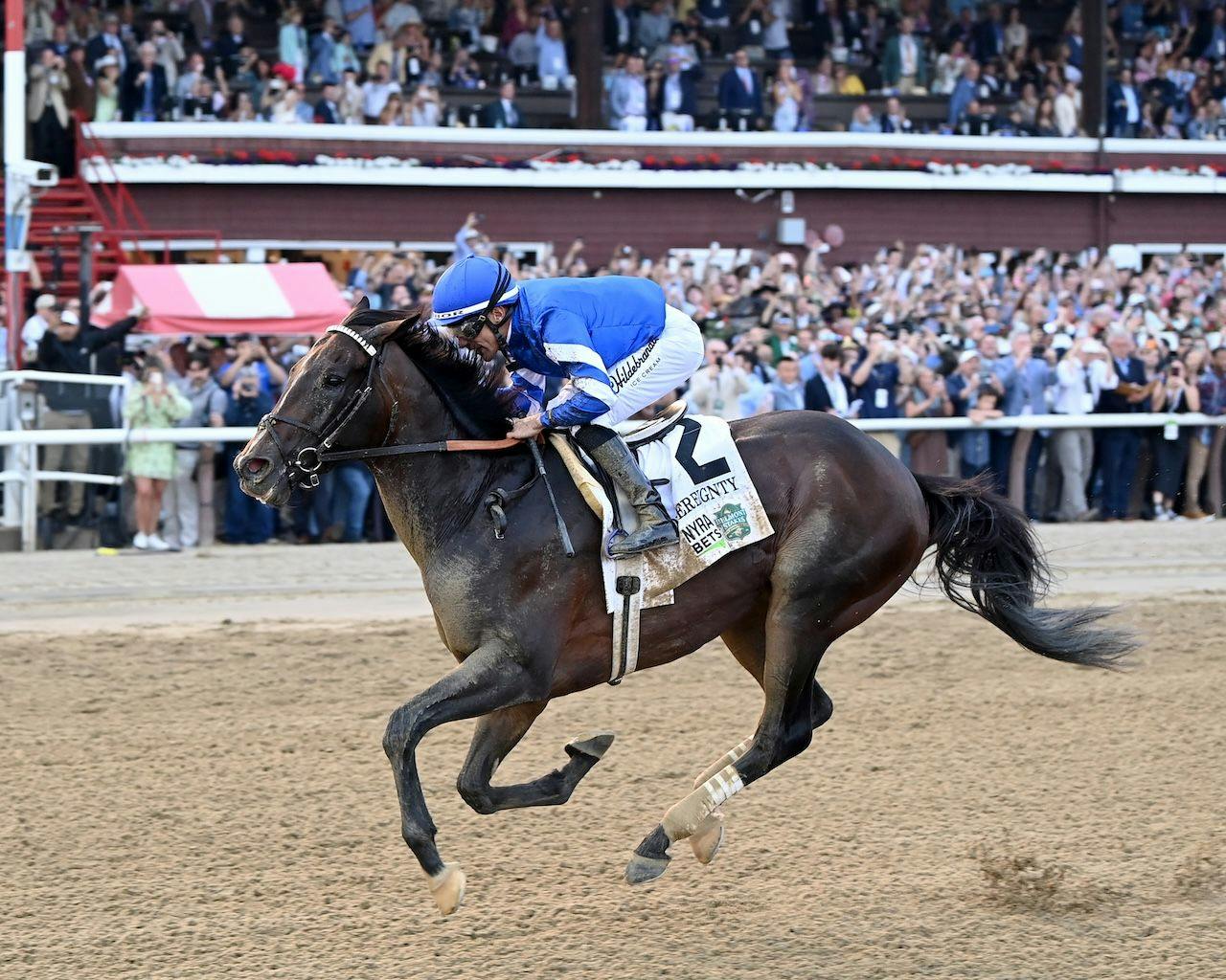 Sovereignty wins the 2025 Belmont Stakes at Saratoga.