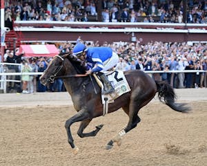 Sovereignty wins the 2025 Belmont Stakes at Saratoga.
