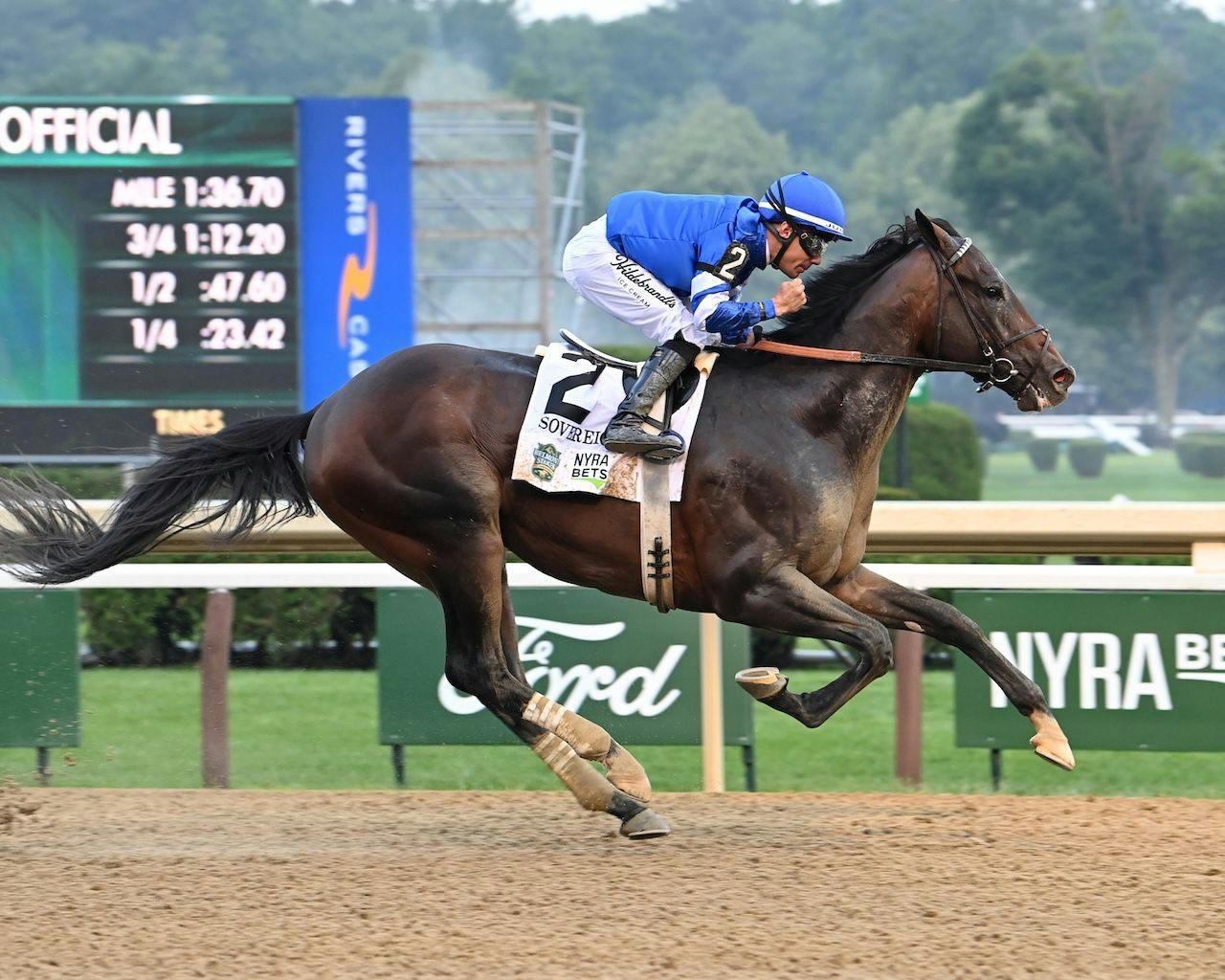 Sovereignty wins the 2025 Belmont Stakes at Saratoga.