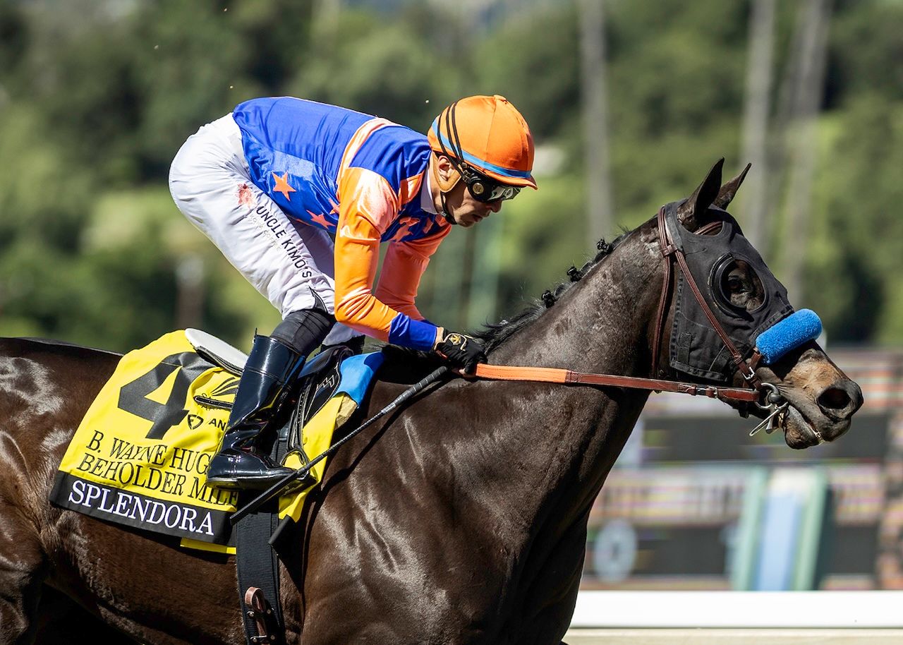 Splendora wins the Beholder Mile at Santa Anita.