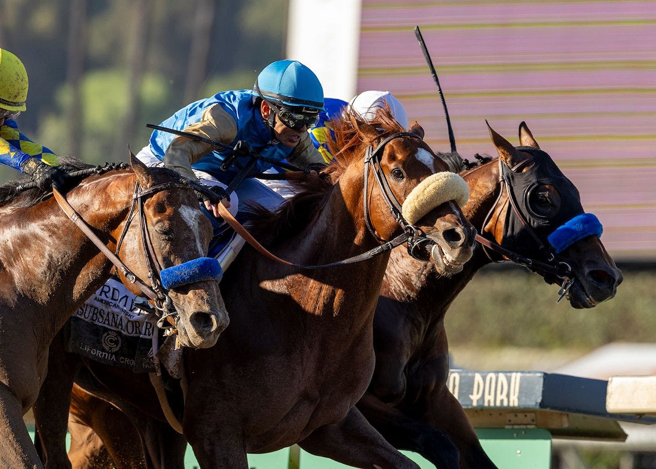 Subsanador (center) winning the California Crown (G1) at Santa Anita (Photo by Benoit Photo)