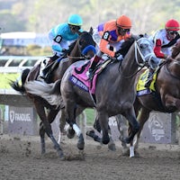 Ted Noffey (outside) winning the Breeders' Cup Juvenile (G1) at Del Mar