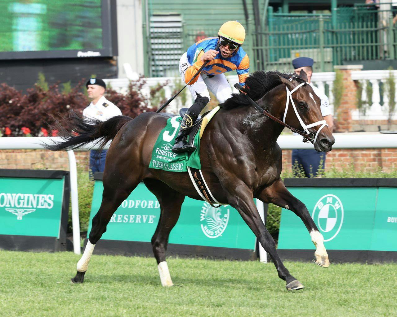 Up to the Mark winning the 2023 Old Forester Bourbon Turf Classic (G1) at Churchill Downs (Photo by Coady Photography)